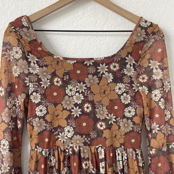 Womens Boho Milkmaid Dress Size M Brown Bell Sleeve Cottagecore Hippie Floral - Picture 9 of 16